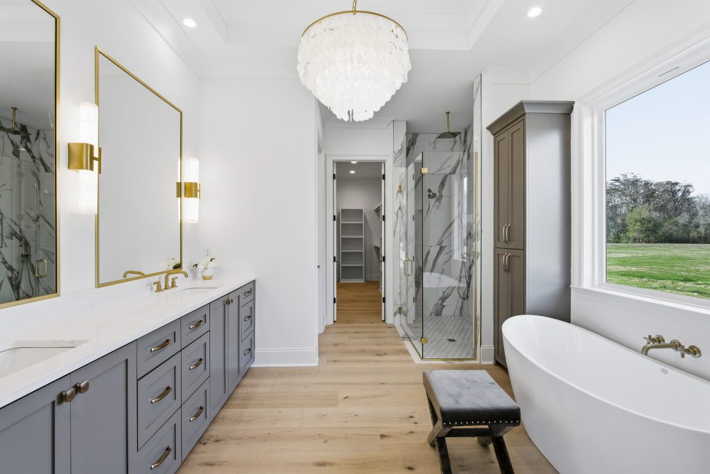 Spa-inspired primary bathroom with double vanity